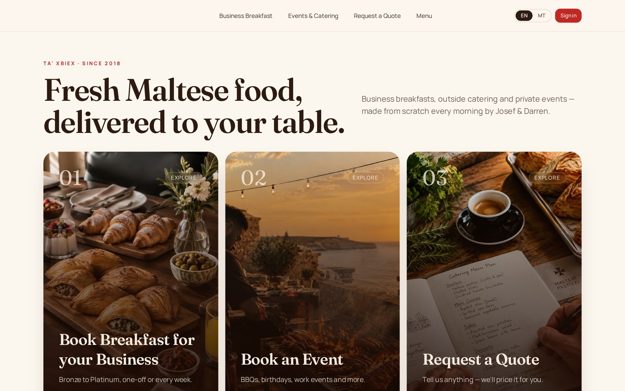 Sample catering website home page on desktop
